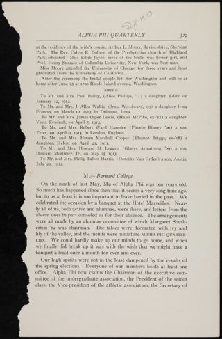 Mu-Barnard College Magazine Clipping, September 1913