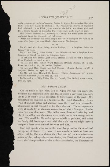 Mu-Barnard College Magazine Clipping, September 1913