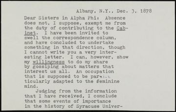 Helen Eliza Gere to Sisters in Alpha Phi Transcribed Typed Letter, December 3, 1878