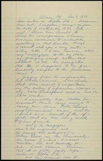 Helen Eliza Gere to Sisters in Alpha Phi Transcribed Handwritten Letter, December 3, 1878