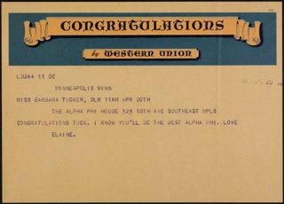 Elaine to Miss Barbara Tucker Telegram, April 20, 1929