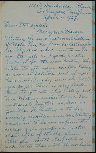 Alice Hersey Monning to Eta Sisters Letter, April 11, 1929