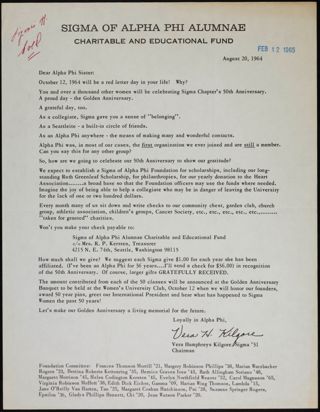 Vera H. Kilgore to Alpha Phi Sister Letter, August 20, 1964