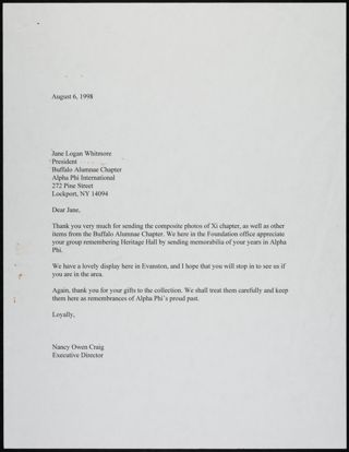 Nancy Owen Craig to Jane Logan Whitmore Letter, August 6, 1998