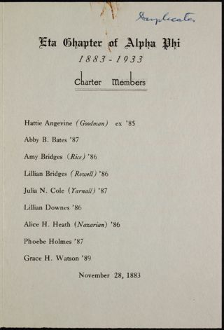 Eta Chapter Fiftieth Anniversary Program, 1933