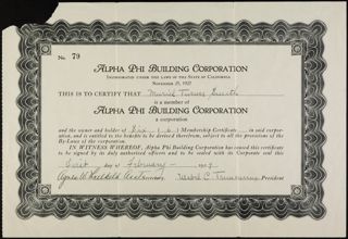 Muriel Turner Smith Alpha Phi Building Corporation Membership Certificate, February 1, 1929