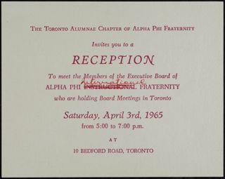 Toronto Alumnae Chapter Reception Invitation, April 3, 1965
