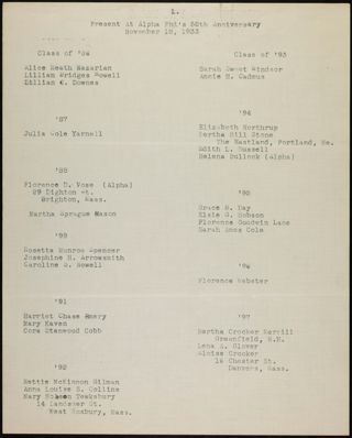 Present at Alpha Phi's 50th Anniversary, November 18, 1933