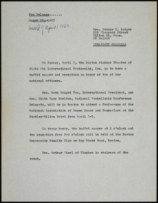 Ruth Knight Vos and Edith Huey Shelton Reception Press Release, April 1, 1963