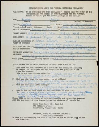 Joanne Fujiwara Alpha Phi Founders Centennial Scholarship Application Form, 1972