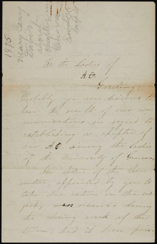 Sister Mary to the Ladies of Alpha Phi Letter, September 17, 1875