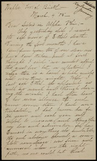 Bertha Holden to Sisters in Alpha Phi Letter, March 4, 1885