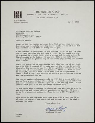 Virginia Rust to Miss Heinze Letter, May 21, 1976