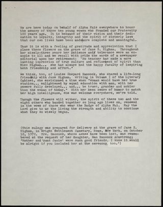 Jane S. Higham Eulogy Speech, October 10, 1972