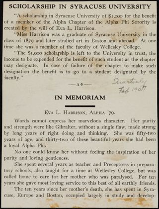 In Memoriam: Eva L. Harrison, Alpha '79 Magazine Clipping, February 1907