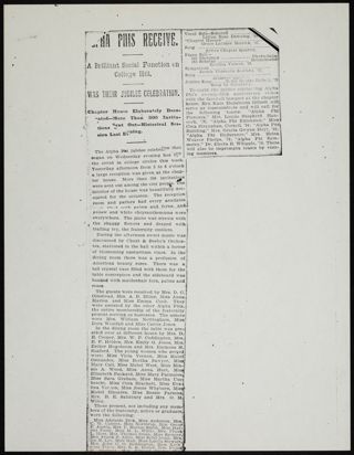Alpha Phis Receive: A Brilliant Social Function on College Hill Photocopied Newspaper Clipping, 1897