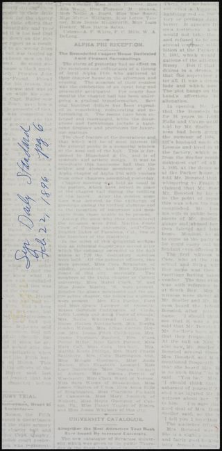 Alpha Phi Reception Newspaper Clipping, February 22, 1896