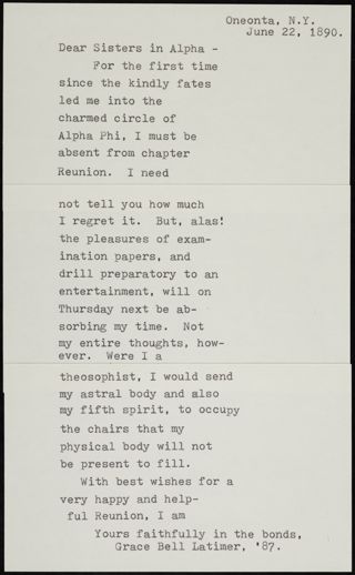 Grace Bell Latimer to Sisters in Alpha Transcribed Letter, June 22, 1890