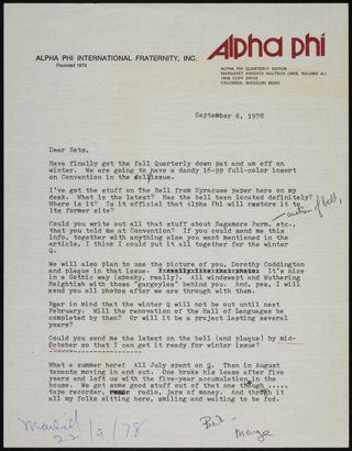 Margaret Knights Hultsch to Bets Letter, September 6, 1978