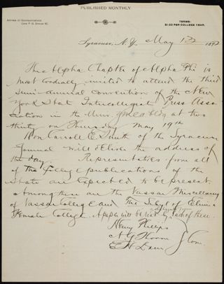 Dewy Phillips, A.G. Horn and Unknown to Alpha Chapter of Alpha Phi Letter, May 13, 1892