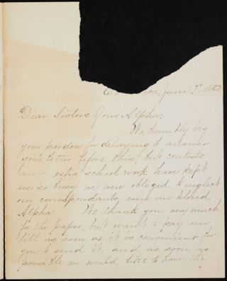 Eva M. Lane to Sisters of our Alpha Letter, June 1, 1882
