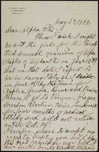Electa B. Whipple to Alpha Phi Letter, May 27, 1895