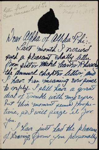 Sara Maxson Cobb to Alpha of Alpha Phi Letter, May 31, 1898