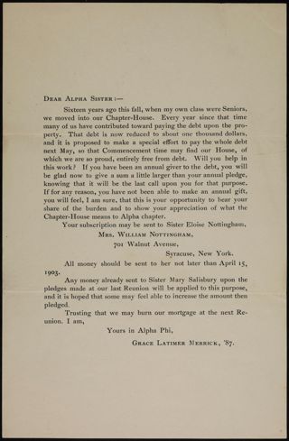 Grace Latimer Merrick to Alpha Sister Letter, 1903