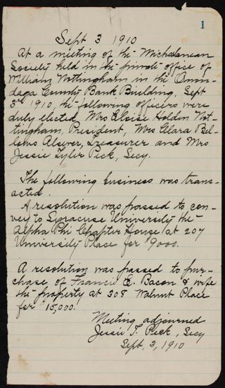 Michaelanean Society Meeting Minutes, September 3, 1910