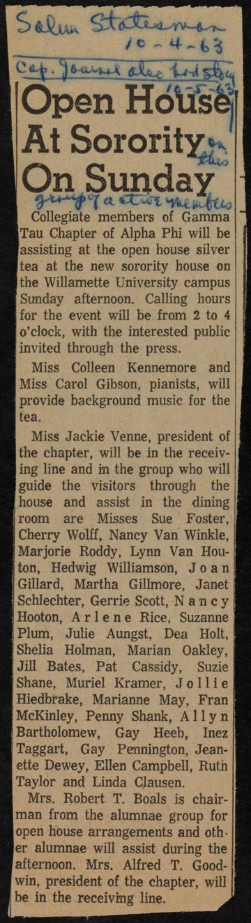 Open House at Sorority on Sunday Newspaper Clippings, October 4, 1963