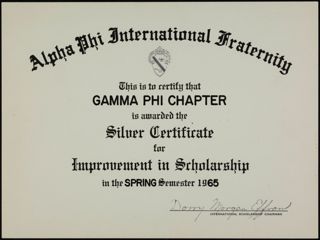 Gamma Phi Chapter Silver Certificate, Spring 1965