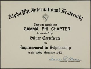 Gamma Phi Chapter Silver Certificate, Spring 1962