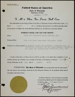 Alpha Phi Fraternity Gamma Upsilon, Inc. Articles of Incorporation, August 25, 1967