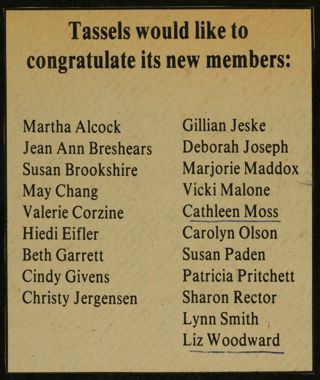 Tassels Would Like to Congratulate Its New Members Newspaper Clipping, 1980s