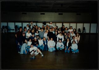 Alphi Phi and Sigma Nu Fraternity Members at Wiggle for the Y Photograph, 1996