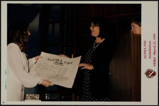 Linda Massie and Tina Covington at Beta Nu Chapter Reinstallation Photograph, March 14, 1995