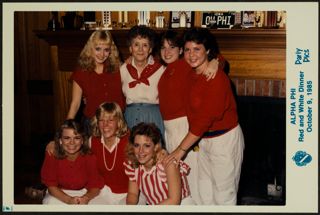 Six Phi Chapter Members with House Mom Photograph, October 9, 1985