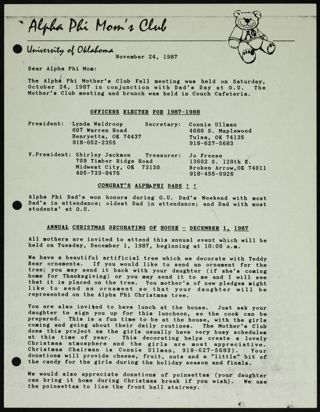 Lynda Waldroop to Alpha Phi Mom Letter, November 24, 1987