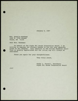 Sandy L. Fuzzell to Mrs. McAdams Letter, January 6, 1987