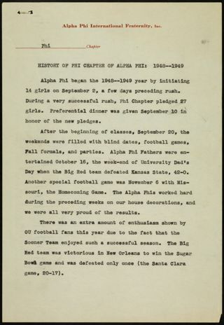 History of Phi Chapter of Alpha Phi: 1948-1949