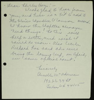 Annelle McAdams to Shirley Hays Letter, 1980s
