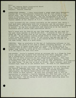 Sharon Spraker Barnes to Phi Chapter House Corporation Board Memo, 1980s