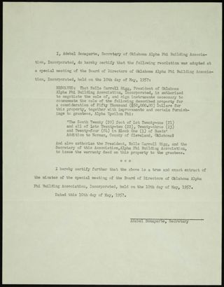 Phi Chapter House Sale Resolution Governing Document, May 10, 1957