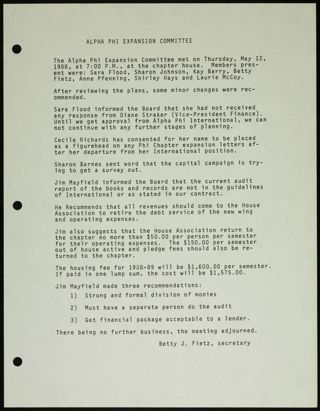 Alpha Phi Expansion Committee, May 12, 1988