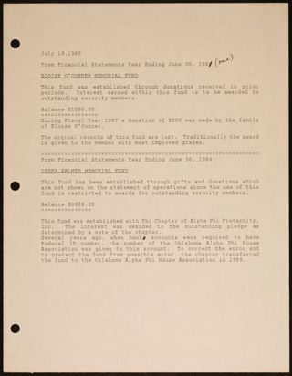 Memorial Fund Financial Statement, July 19, 1989