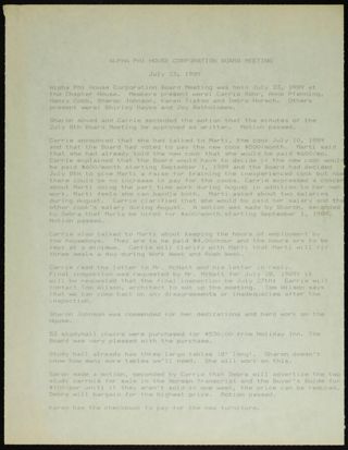 Alpha Phi House Corporation Board Meeting, July 23, 1989