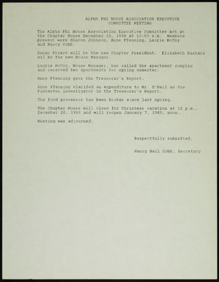 Alpha Phi House Association Executive Committee Meeting, December 10, 1988