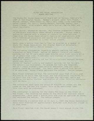 Alpha Phi House Association Board Meeting, February 5, 1989
