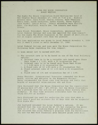 Alpha Phi House Corporation Board Meeting, December 17, 1988