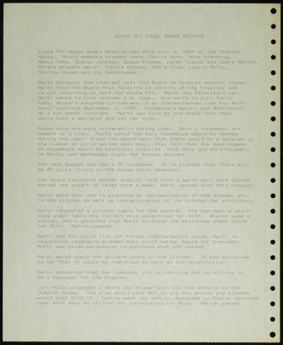 Alpha Phi House Board Meeting, July 8, 1989